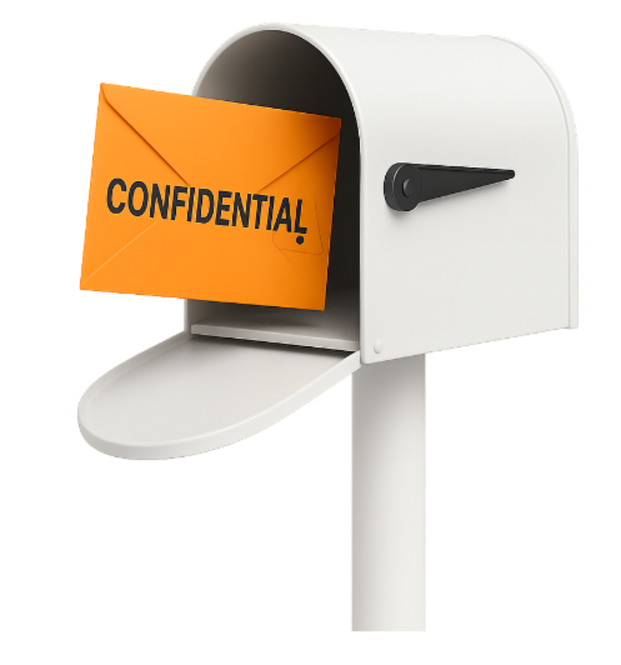 Briefkasten mit orangem Confidential-Brief als Symbol fuer Whistleblowing